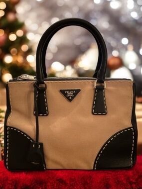 PRADA City Stitched Beige Canvas Hand-Stitched Leather, Double Zipped Tote